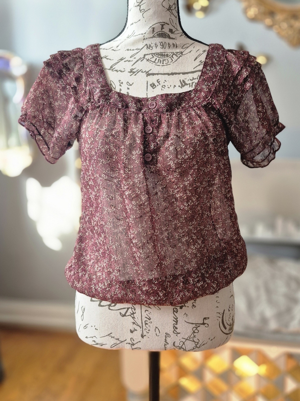 Mossimo Supply Co. Y2K Burgundy Sheer Floral Blouse Small